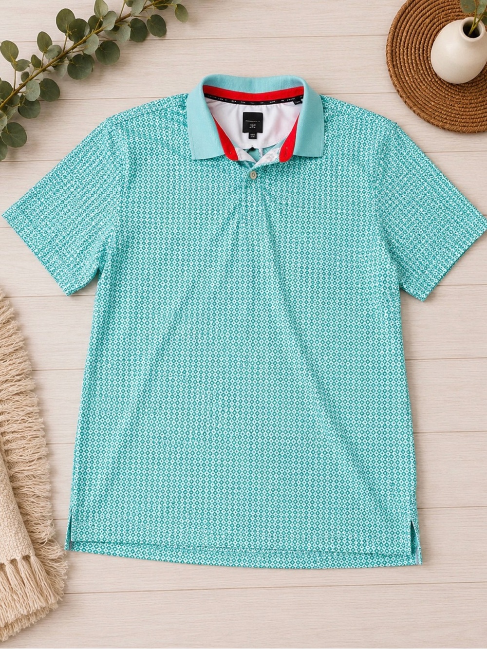 Kenneth Cole Golf Men’s 2XL Teal Geometric Print Performance Polo Shirt